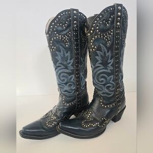 JB Dillon Snip Toe- Studded Black and Blue Western Boots